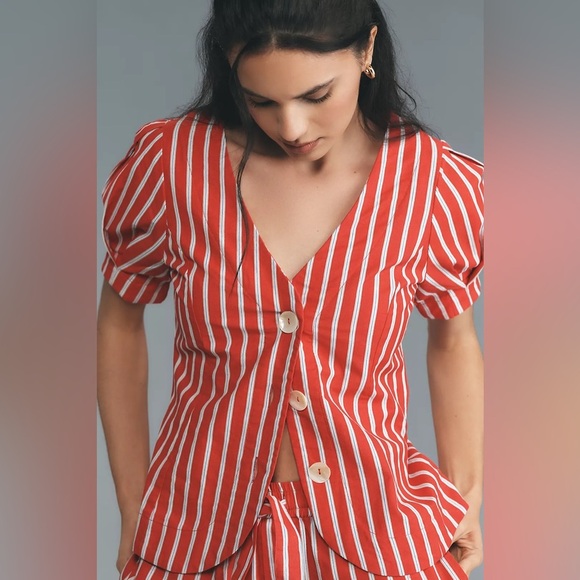 NWT! Anthropologie Damson Madder Shell Linen Blend Puff-Sleeve Blouse - Size 2 🏆 - Picture 2 of 16